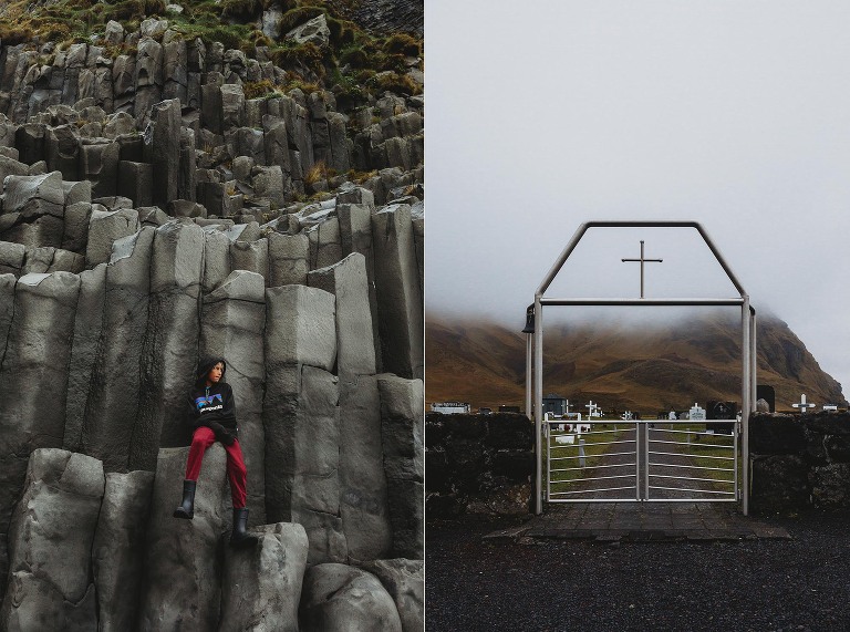 black sand beach in Vik and church gate cemetery in Vik Iceland 