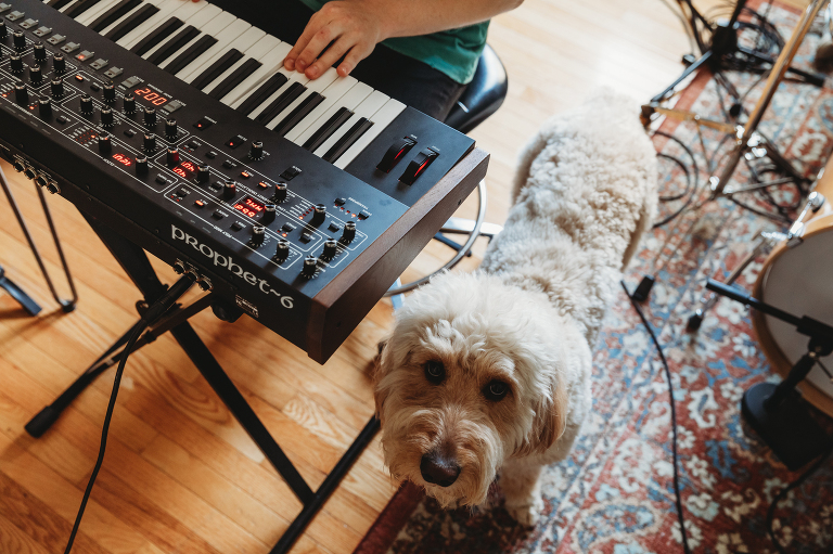music studio producer with golden doodle