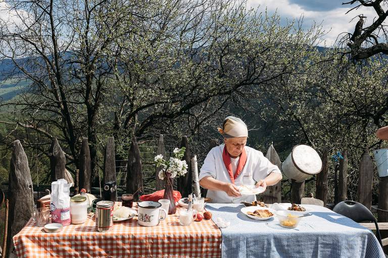 lunch in the mountains of Transylvania Romania, traditional food and dress